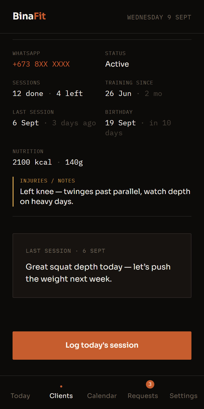 A client in the app, with 4 parts marked