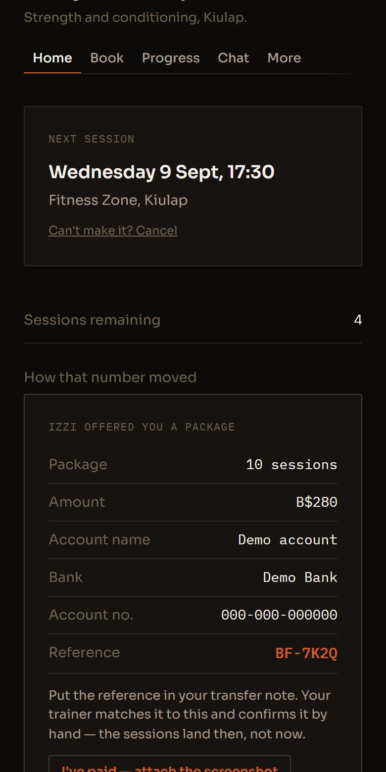 What your client opens in the app, with 3 parts marked