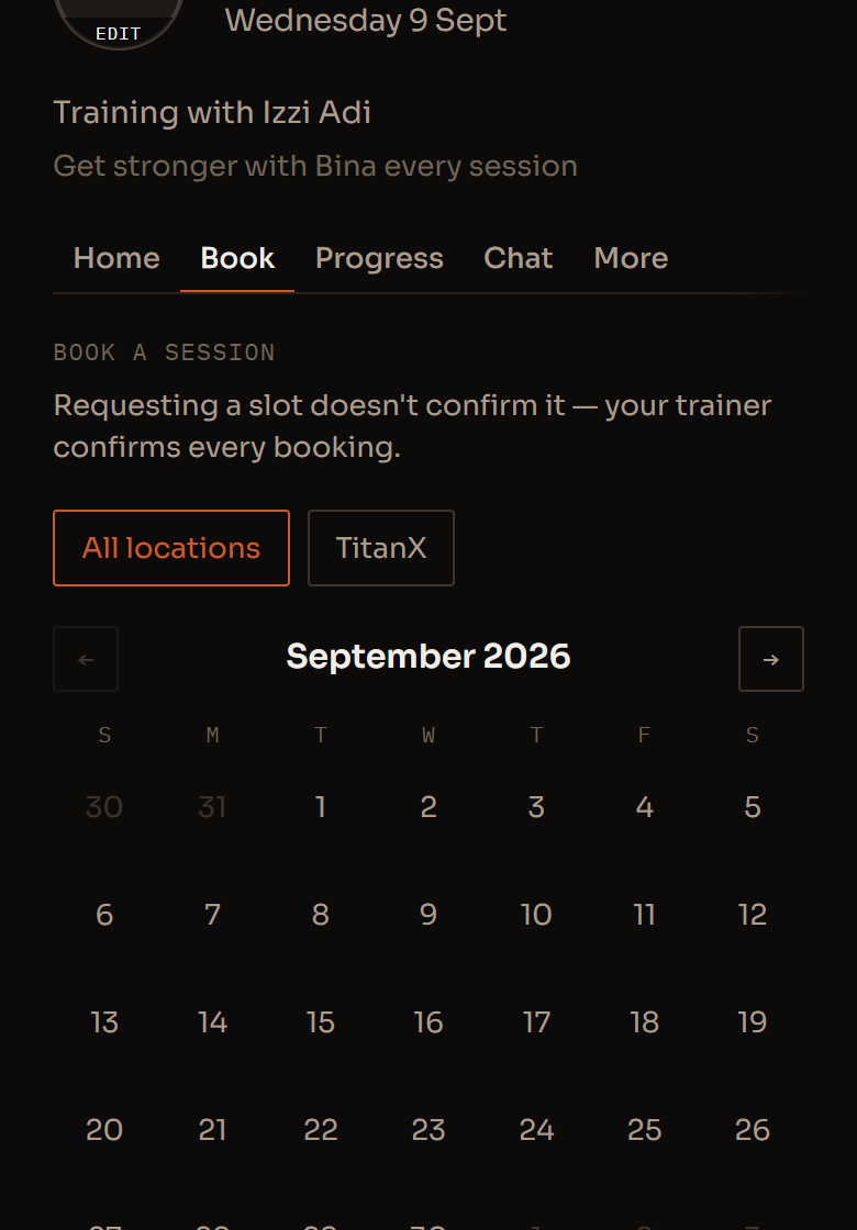 A client's own view of the trainer's calendar, choosing a session to request