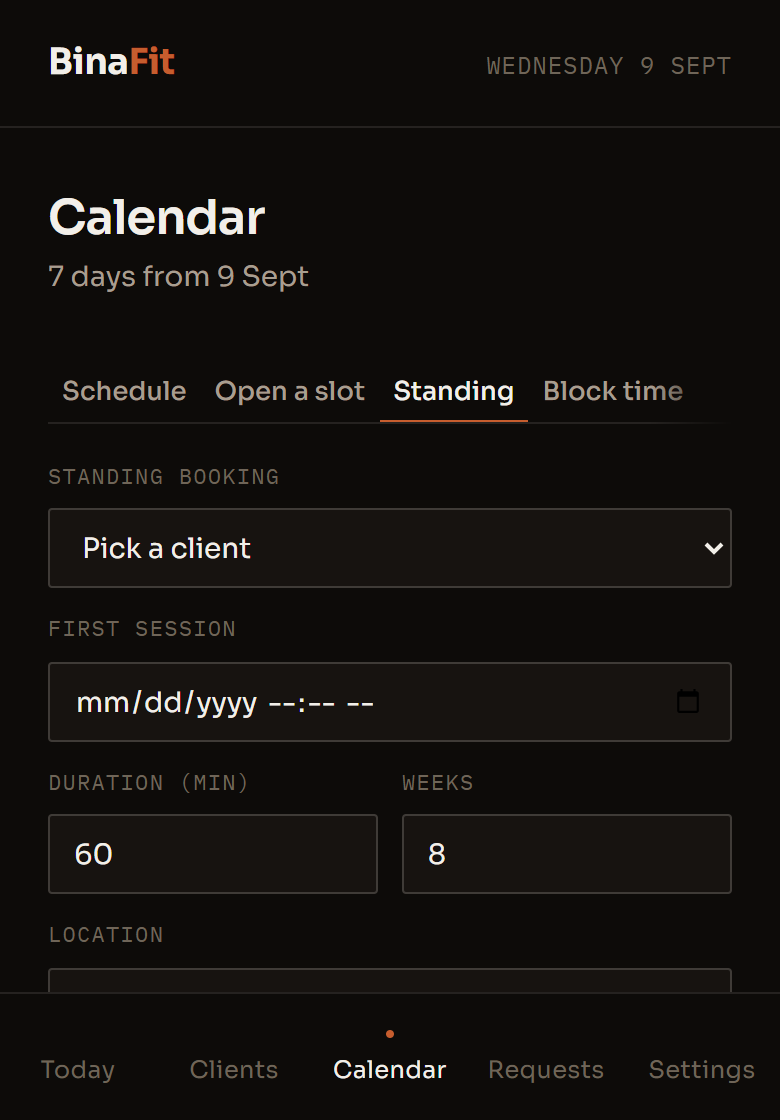 The Calendar's standing booking tab