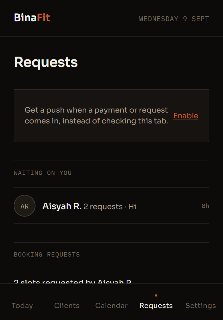The Requests tab listing clients with unread messages and open requests